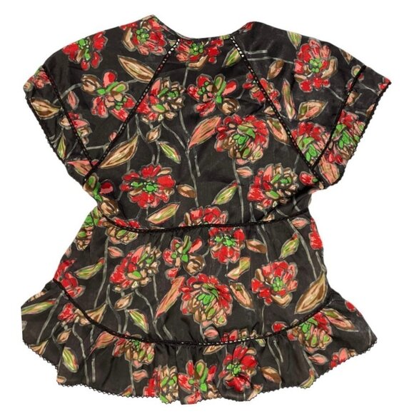 ESLEY Boho Casual‎ Cinch-Waist Floral Top Large Black Multicolor Hi-Lo Baby-Doll - Picture 6 of 13